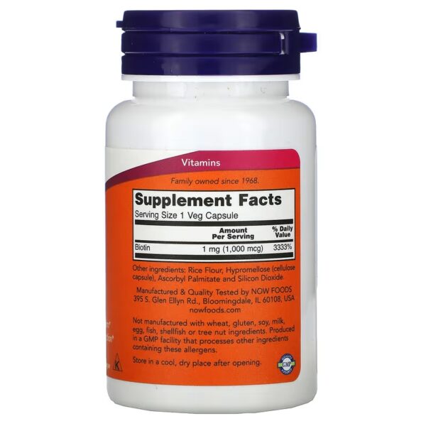 NOW Foods Biotin 1,000 mcg 100vcaps Biotyna Skóra Włosy - obrazek 2